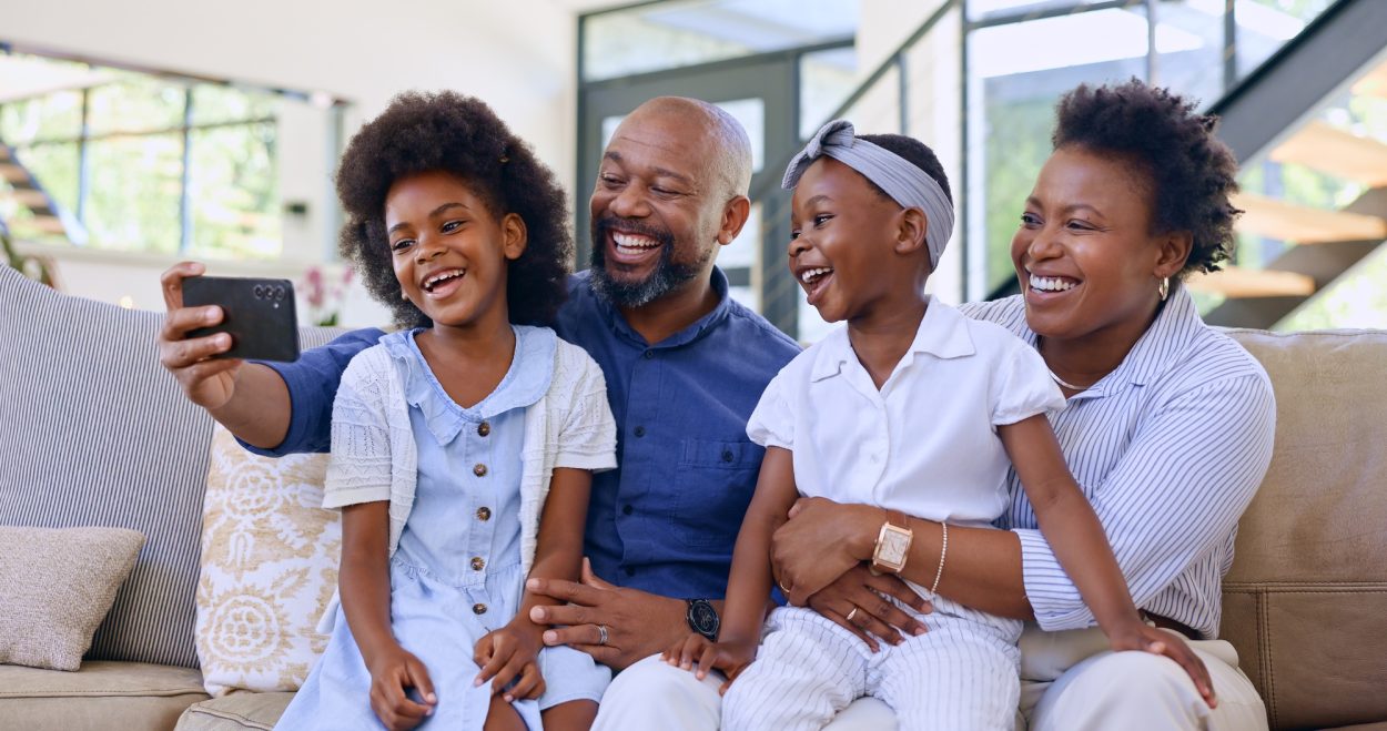 Selfie, happy family and children with smile in living room profile picture, social media or post.