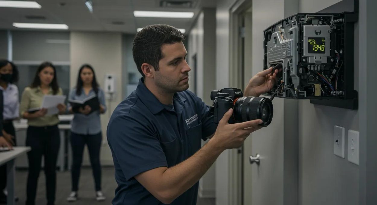 a technician inspecting a malfunctioning air conditioning unit in a modern, well-lit smyrna, ga office, surrounded by visible signs of temperature discomfort, such as a digital thermometer displaying high temperatures and concerned individuals in the background.