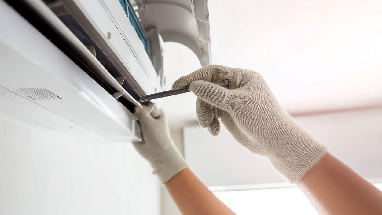 Air Conditioner Maintenance in Atlanta, GA. Gloved hands adjust an AC unit. Regular maintenance extends the lifespan of your cooling system.