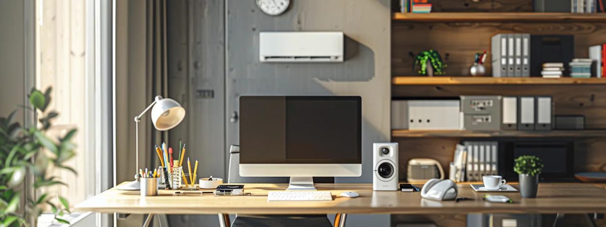 a sleek, modern home office features an advanced air conditioning unit prominently displayed on a wall, symbolizing optimal performance and energy efficiency, with sophisticated maintenance tools artfully arranged on a stylish desk, all under bright, focused artificial lighting.