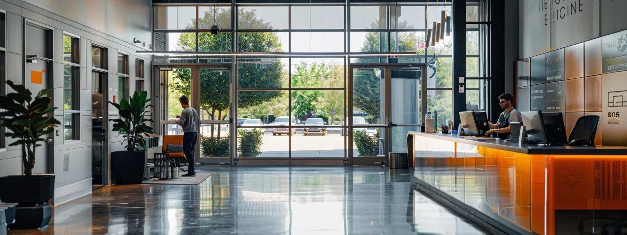 a sleek, modern office space features an hvac technician efficiently servicing a high-performance air conditioning unit, emphasizing the importance of maintenance for optimal cooling during the intense summer heat in decatur, ga.