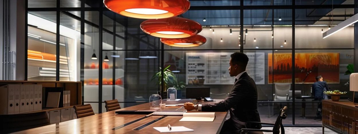 a sleek, modern office space features a confident homeowner reviewing detailed air conditioner repair service contracts on a glossy conference table, illuminated by warm pendant lights, emphasizing the importance of warranties and guarantees.