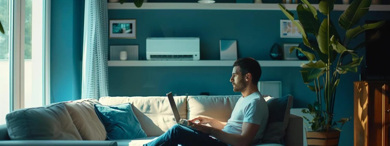 a sleek, modern office space showcases a focused homeowner researching air conditioner repair services on a laptop, surrounded by digital tablets displaying reviews and ratings, emphasizing the importance of reputation in service selection.