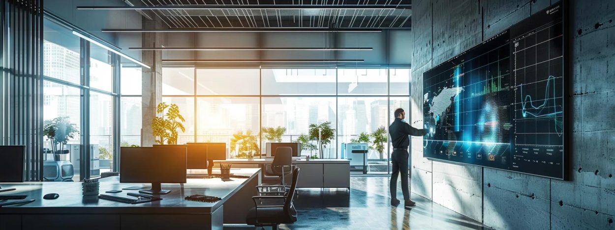 a sleek, modern office space features a technician expertly inspecting a seasonal air conditioning unit while charts of seasonal weather patterns and efficiency metrics are displayed prominently on a digital screen.
