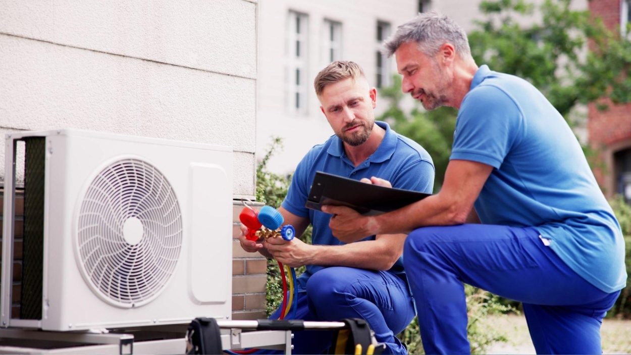 AC repair Atlanta, GA: Technicians inspect an air conditioning unit, ensuring comfortable living with expert AC repair solutions.