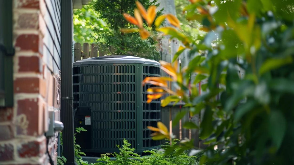Outdoor HVAC unit near a brick house, surrounded by greenery. Air conditioning maintenance in Atlanta, GA. Residential AC system.