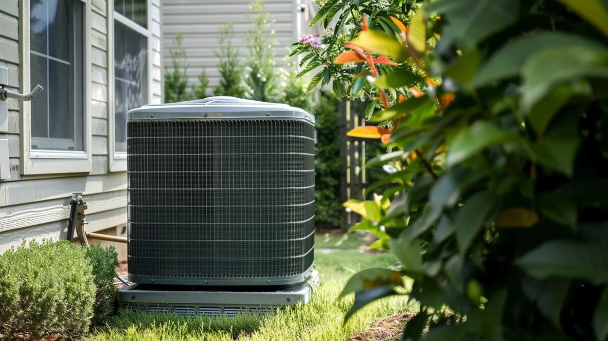 Air conditioning unit outside of a home. AC unit on a lawn. Residential HVAC system. Air conditioning repair in Atlanta, GA.