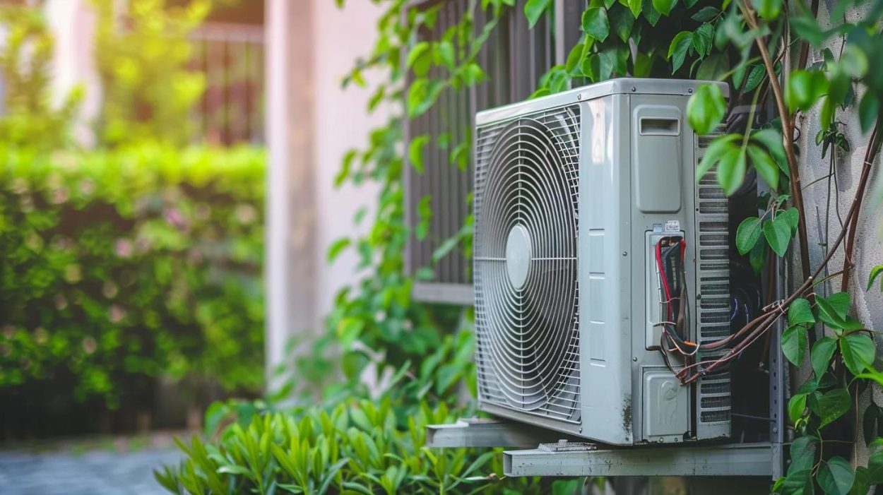 Air conditioning unit surrounded by greenery, showcasing HVAC system installation. Residential AC unit for home cooling in Atlanta, GA.