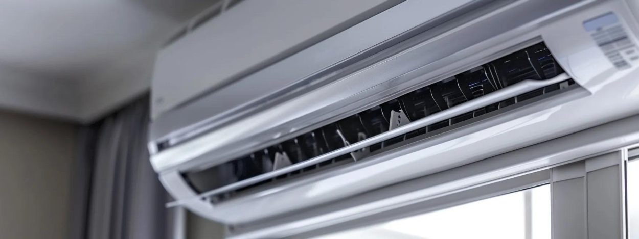 Close-up of a wall-mounted mini-split air conditioner. Ductless AC system for home cooling. Air conditioning installation in Atlanta, GA.