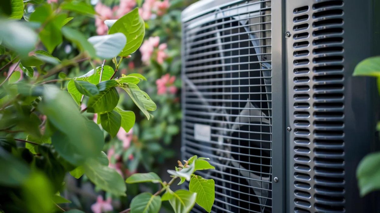 Air conditioning unit with green plants and pink flowers. HVAC system for home cooling and heating in Atlanta, GA. Air conditioner repair and maintenance.