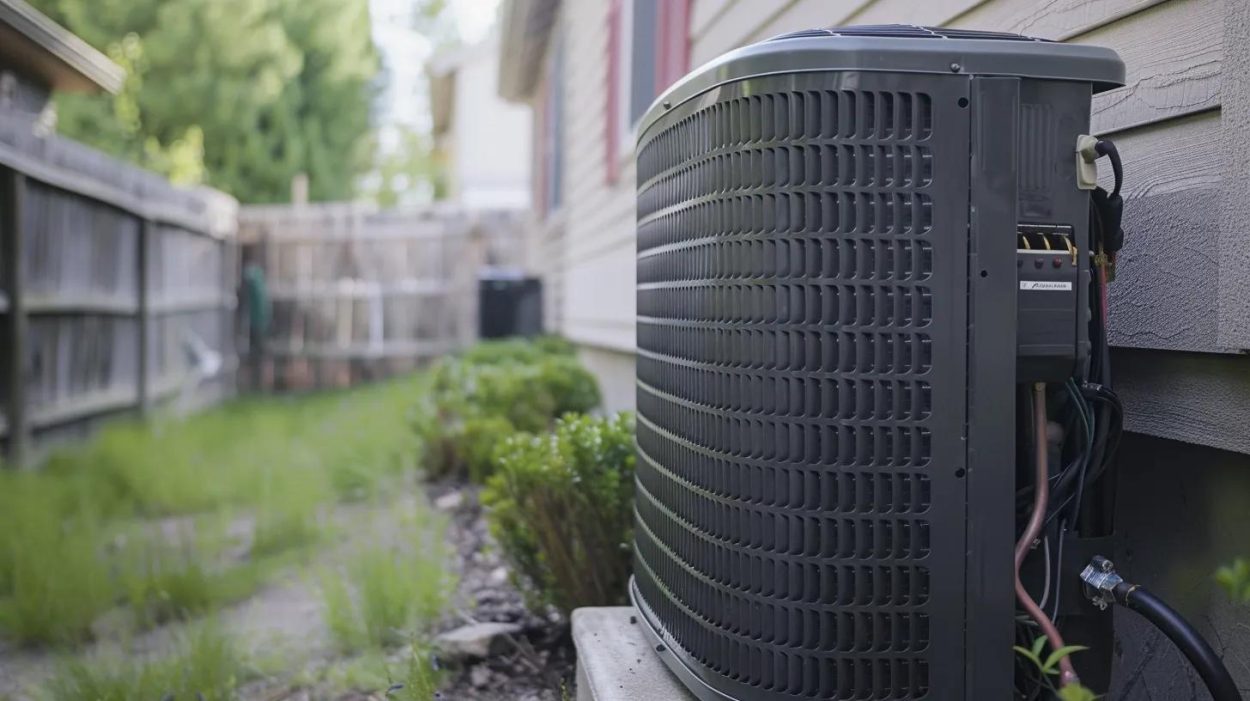 Air conditioning unit outside a home. Residential HVAC system for home cooling. AC installation and maintenance services in Atlanta, GA.