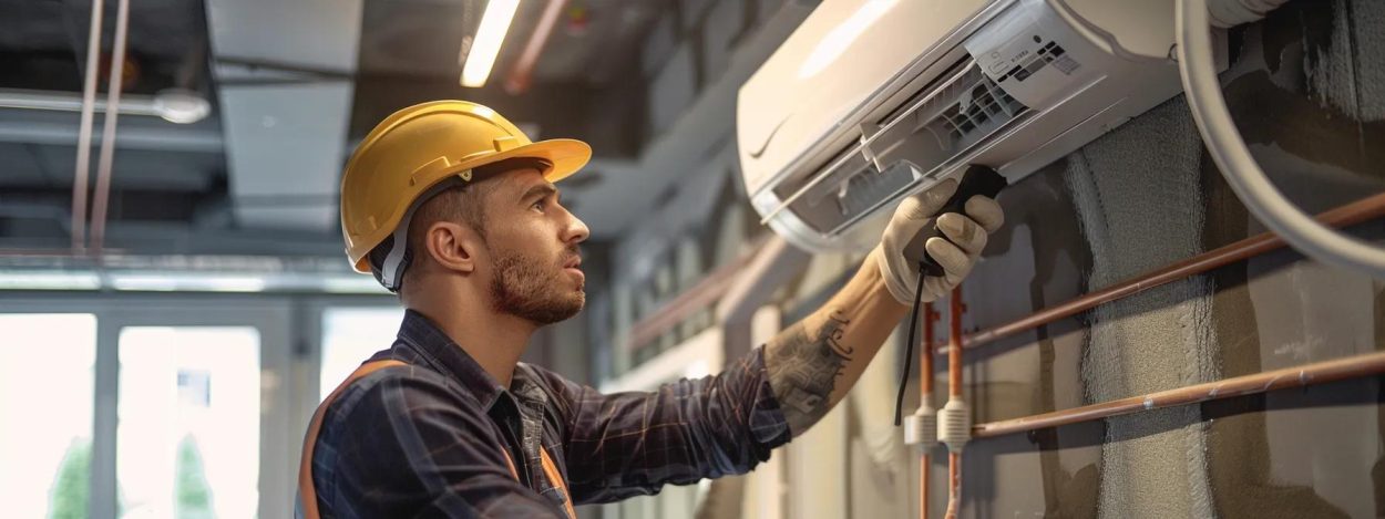 HVAC technician in Atlanta, GA inspecting an air conditioning unit. AC repair and maintenance services for home and business climate control.