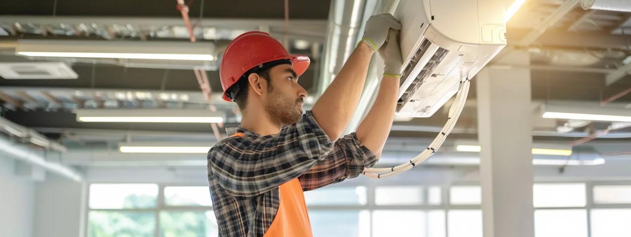 HVAC technician installing a mini split AC system. AC installation in Atlanta, GA. Man in hard hat installing air conditioning unit.