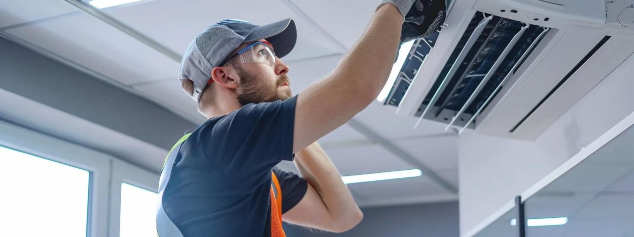 HVAC technician in Atlanta, GA repairing an air conditioning unit. Man wearing safety glasses and gloves working on ceiling AC for air conditioning repair.