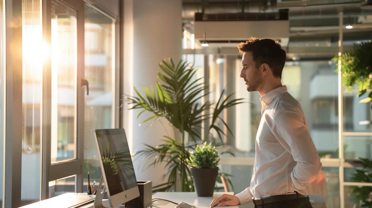 Man at standing desk in Atlanta, GA, working on computer. Ergonomic workspace with natural light and plants. Office design for employee wellness.