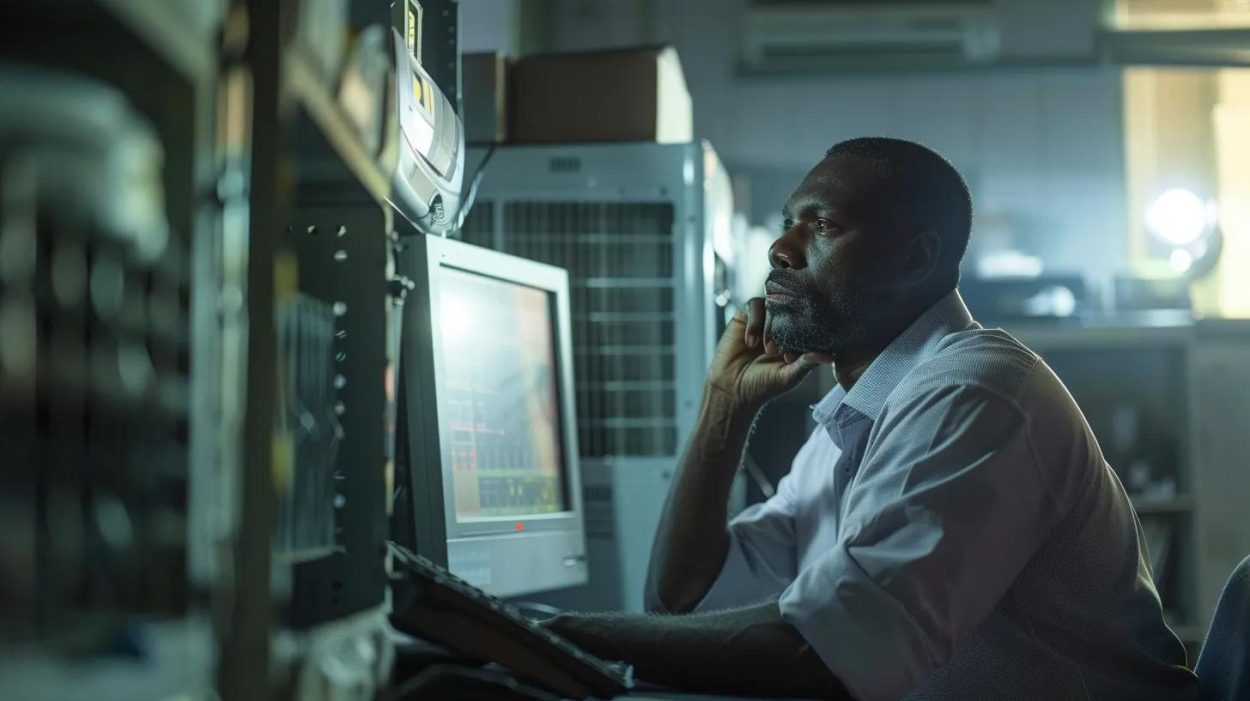 Network administrator monitoring server performance in Atlanta, GA. IT professional reviews data center analytics on a computer screen.