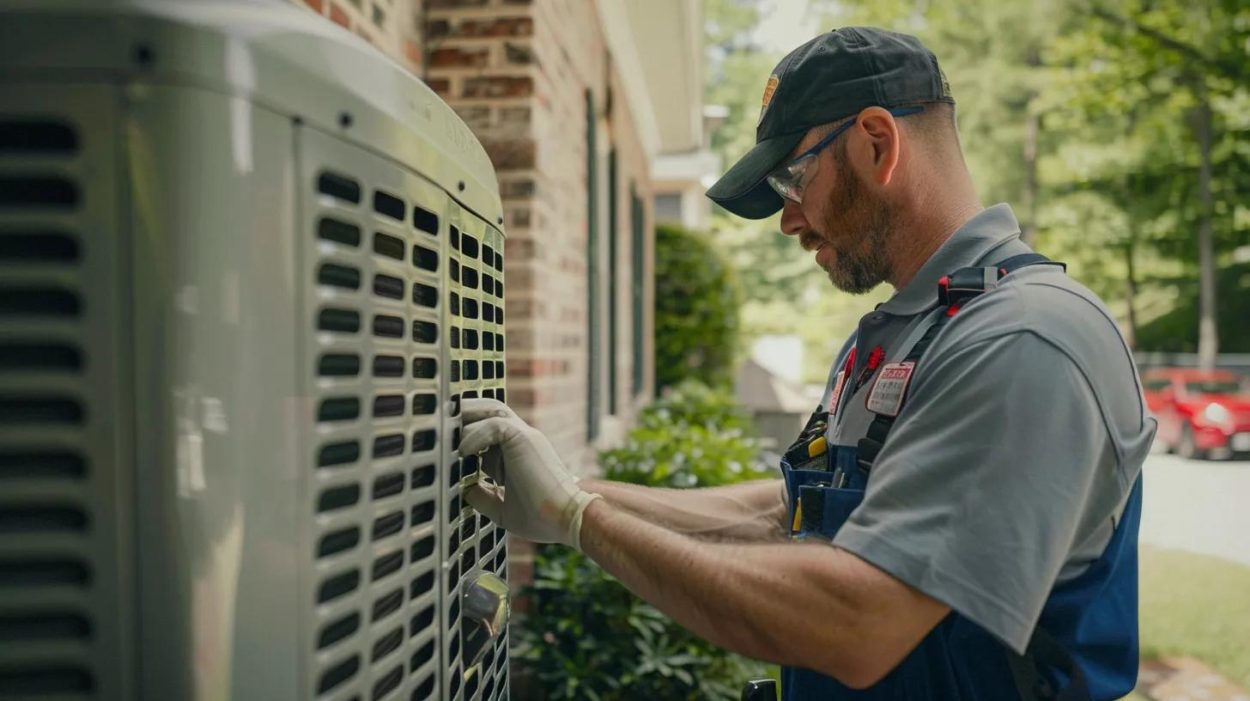 HVAC technician inspecting an air conditioning unit. AC repair and maintenance service in Atlanta, GA, ensuring optimal performance.