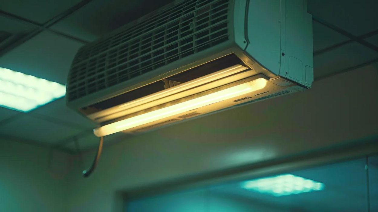 Ceiling mounted air conditioning unit with fluorescent lighting. Commercial HVAC system for indoor climate control. Atlanta, GA.