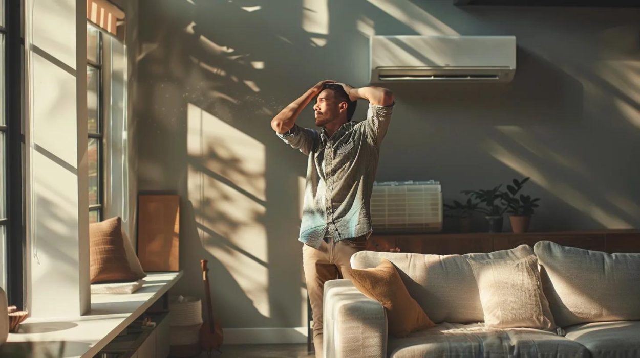 Man frustrated with AC unit in Atlanta, GA. Home air conditioning repair needed. Guy with hands on head near window and ductless mini split system.