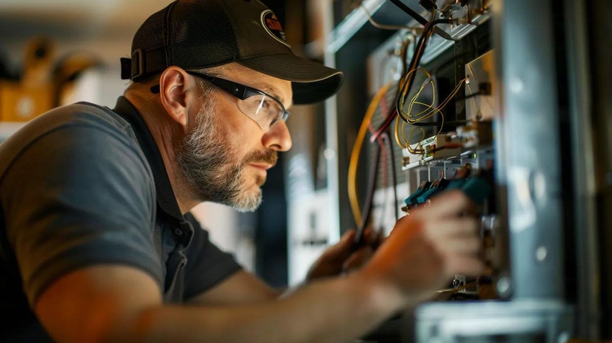 HVAC technician working on an electrical panel. Man wearing safety glasses performing HVAC electrical repair in Atlanta, GA. Expert HVAC service.