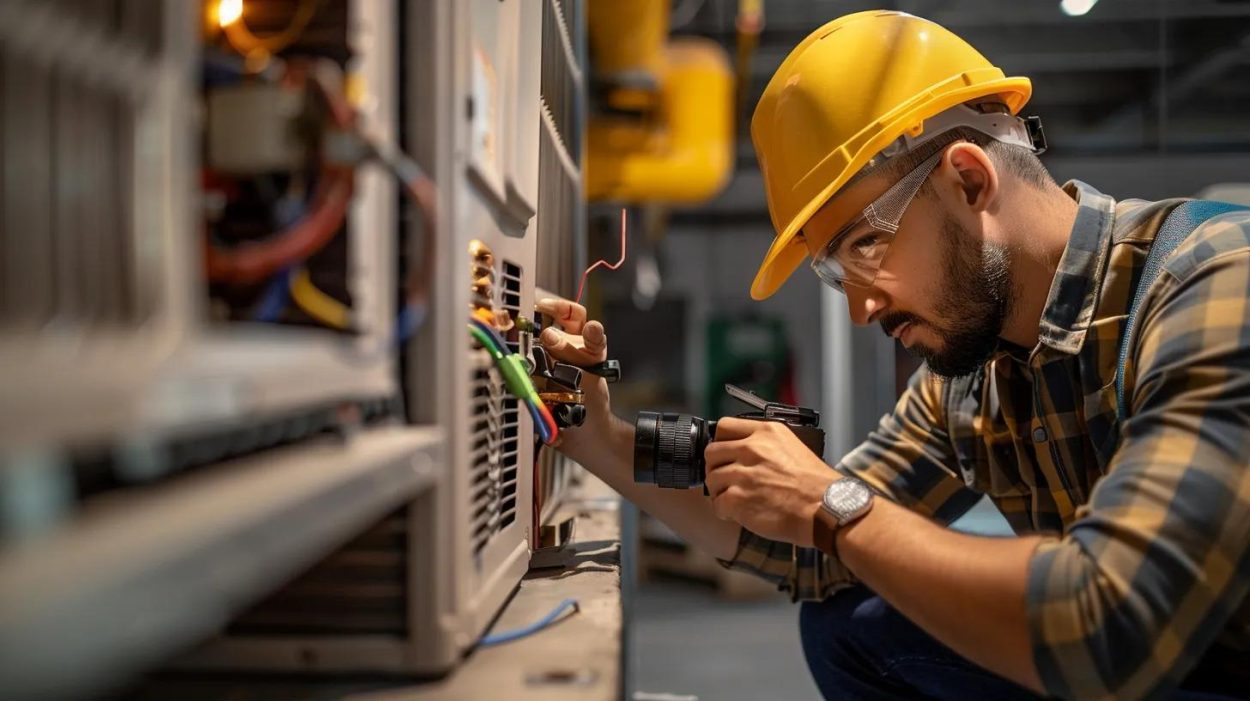 HVAC technician in Atlanta, GA, repairing an air conditioning unit. Man wearing a hard hat and safety glasses working on the AC system's wiring. AC repair.