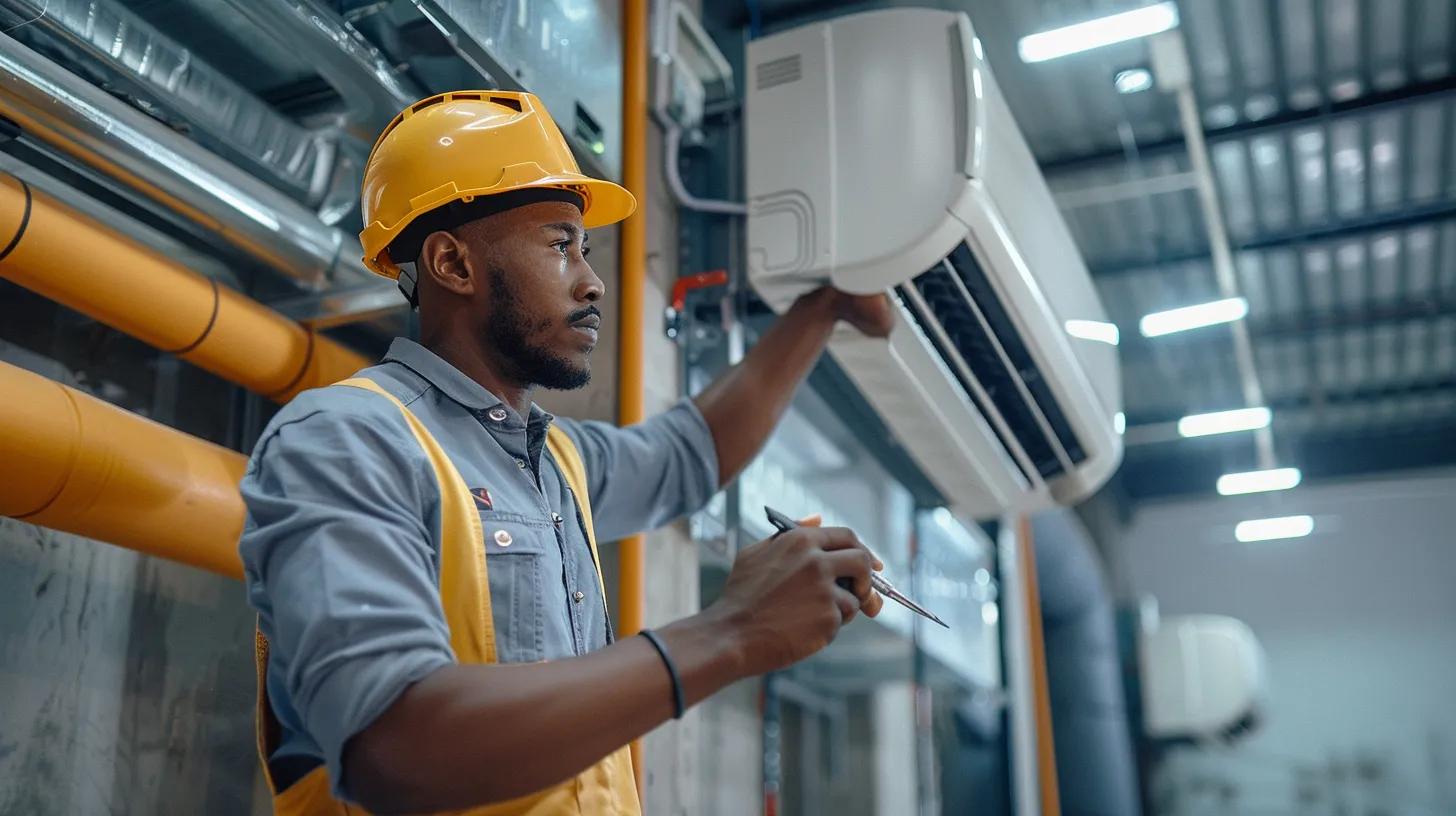 HVAC technician in Atlanta, GA, inspecting a ductless mini-split air conditioner. AC repair service for ductless systems and HVAC maintenance.
