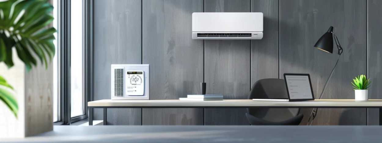 Ductless mini-split system on a gray wall above a desk with a laptop and lamp. Modern office space with ductless air conditioning in Atlanta, GA.