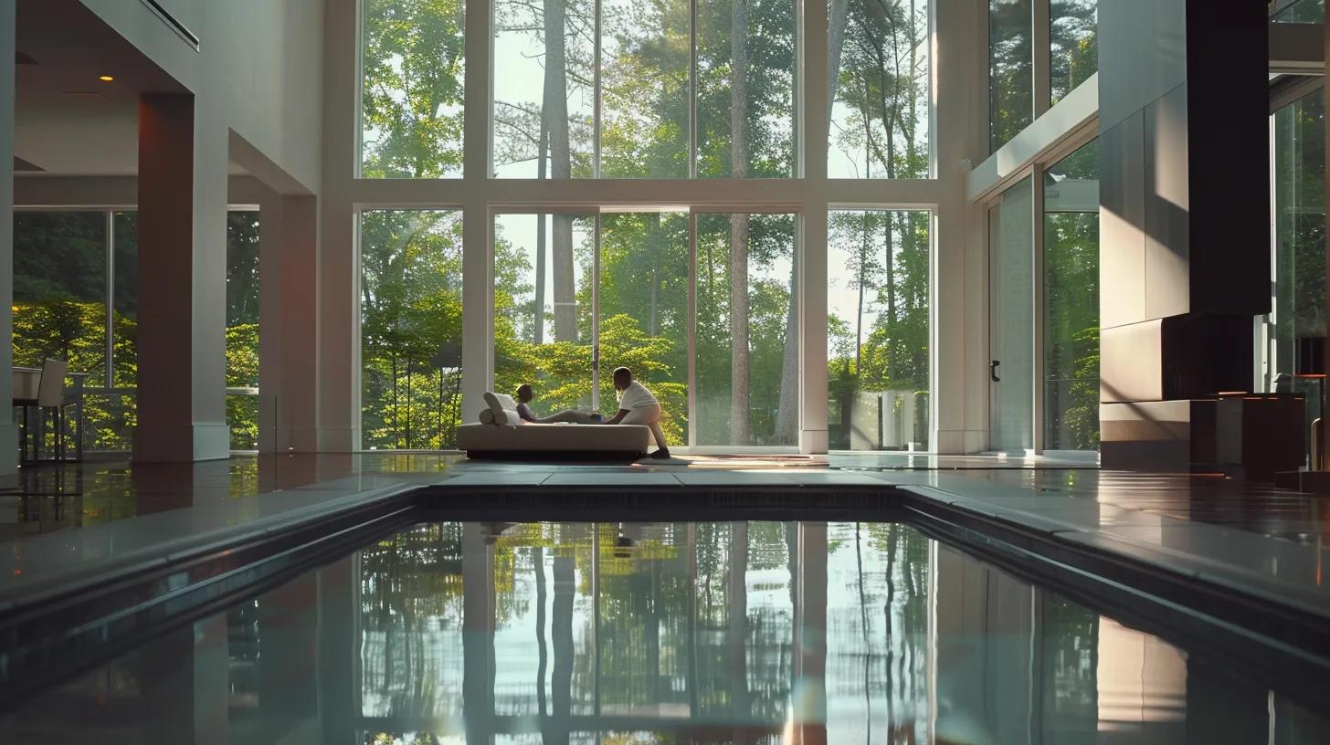 Luxury home interior with floor-to-ceiling windows overlooking trees. Two people are inside. Atlanta, GA real estate.