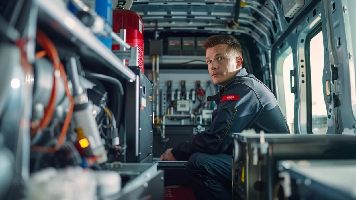 Inside of a custom van build, a technician works on electrical components. Van conversion in Atlanta, GA for mobile business solutions.