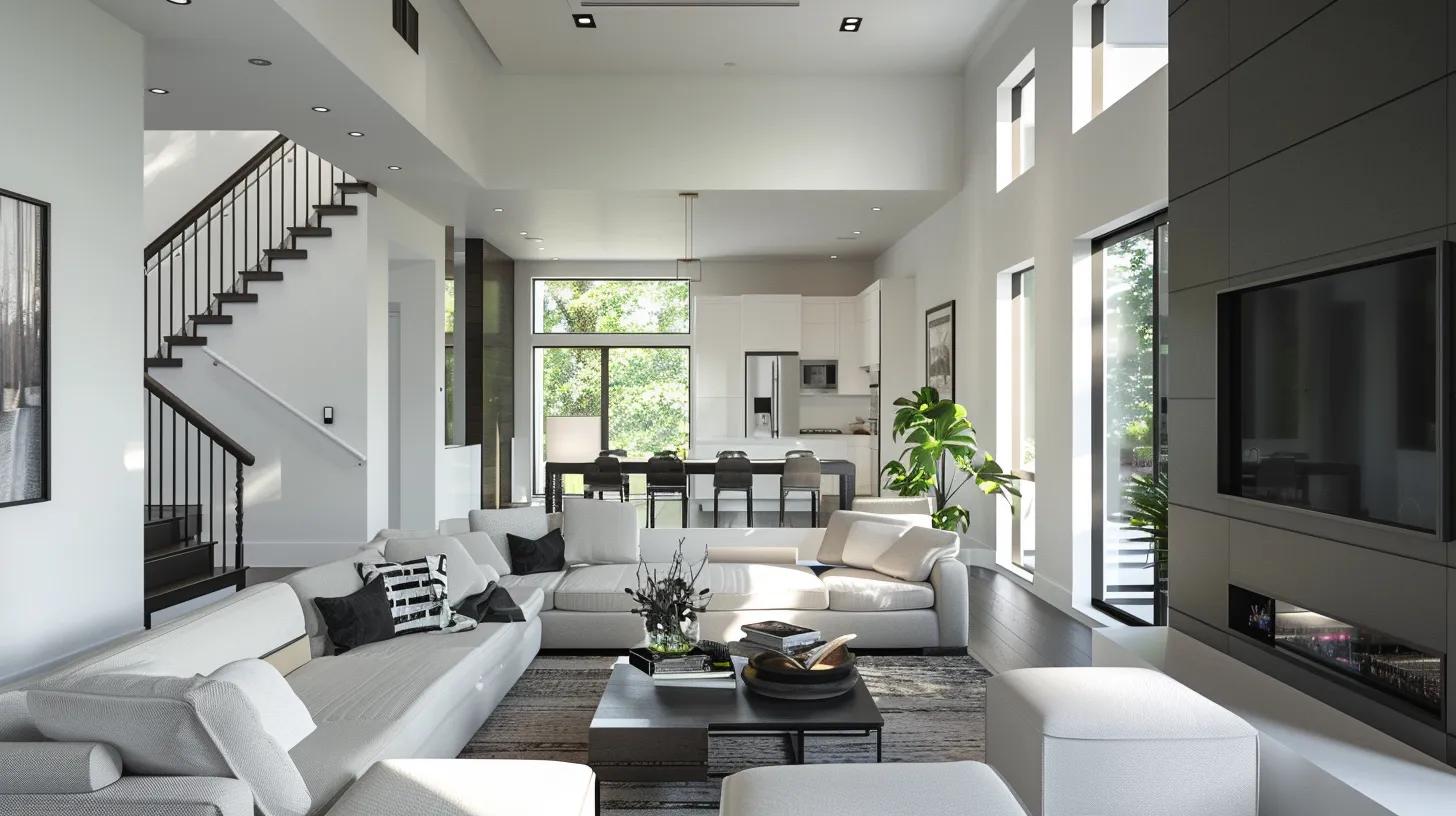 Bright, open-plan living room with a staircase and large windows. Modern interior design with white walls and a grey sectional sofa. Atlanta, GA home staging.