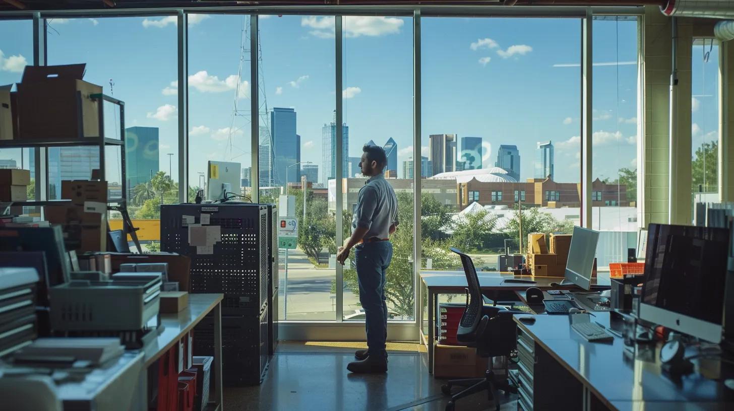 Man looks out of office window at the Dallas, TX skyline. IT support services and solutions are available for your business.