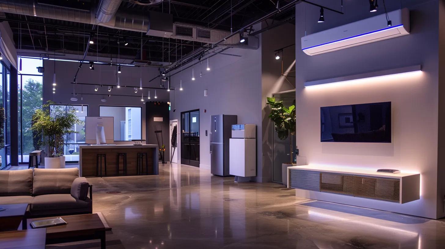 Modern office space with ductless mini split AC system installed, Atlanta, GA. Interior design with TV, furniture, and appliances. Spot lighting and sleek design.