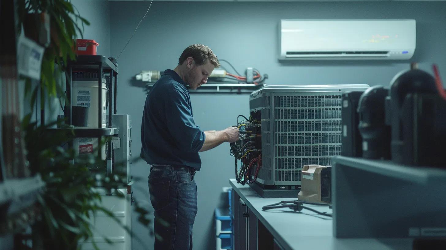 HVAC technician repairing an air conditioning unit. AC repair service in Atlanta, GA, fixing wires on an HVAC system for optimal performance.