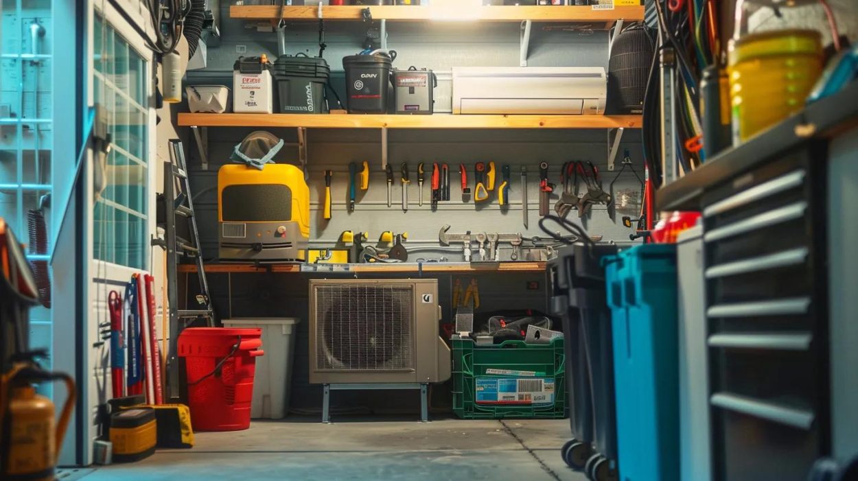 Garage organization with tools, shelves, and storage bins. A neat workshop in Atlanta, GA, featuring a variety of equipment and supplies.
