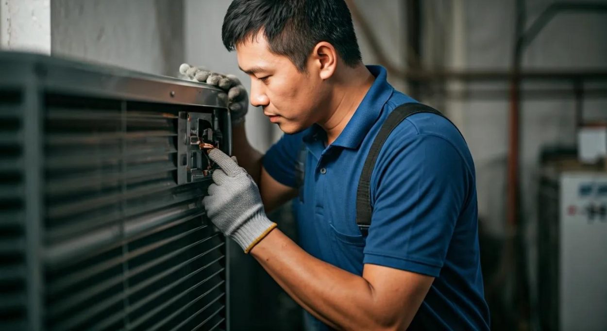 HVAC technician in Atlanta, GA inspecting a unit. Air conditioning repair service worker examining the internal components of an HVAC system for maintenance.