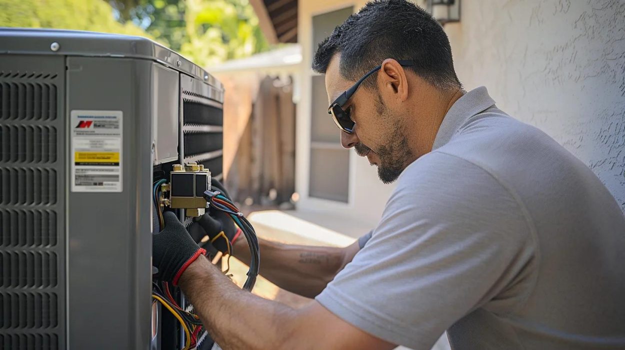 HVAC technician repairs an air conditioning unit. AC repair and maintenance in Atlanta, GA for home cooling system services and HVAC solutions.