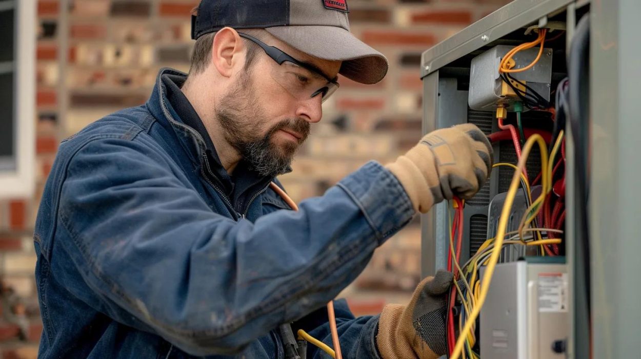 HVAC technician performing AC repair in Atlanta, GA. Man wearing safety glasses and gloves working on air conditioning unit. AC maintenance service.