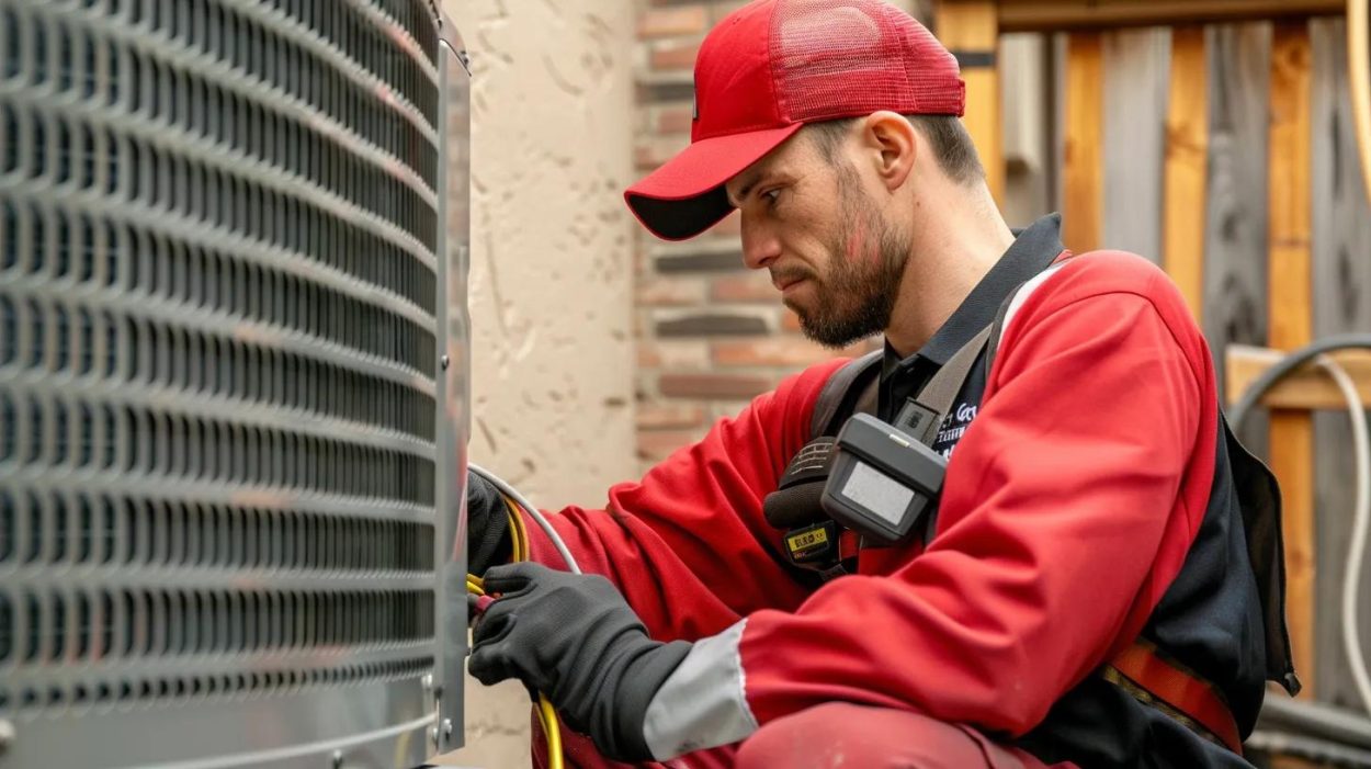 HVAC technician repairing an air conditioner unit. Man in red uniform working on AC system. AC repair services in Atlanta, GA. Air conditioning maintenance.