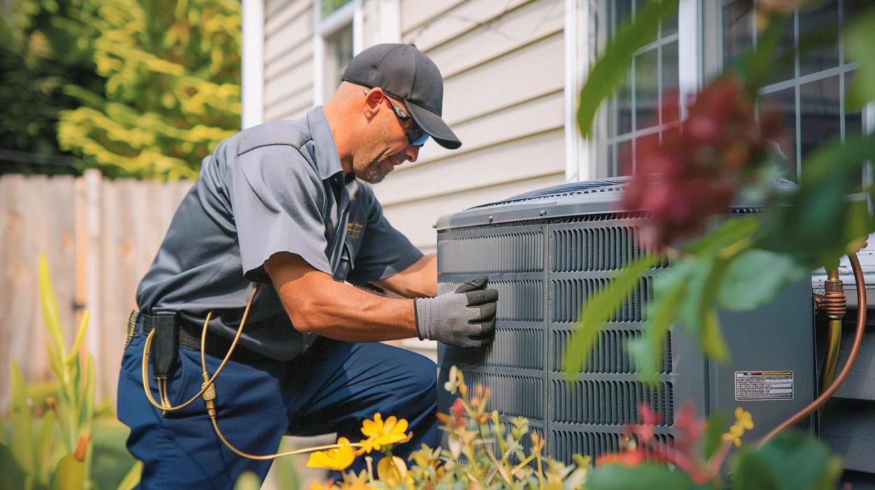 HVAC technician inspecting an AC unit outdoors. Air conditioning maintenance ensures efficient cooling and comfort. Atlanta, GA AC repair service.