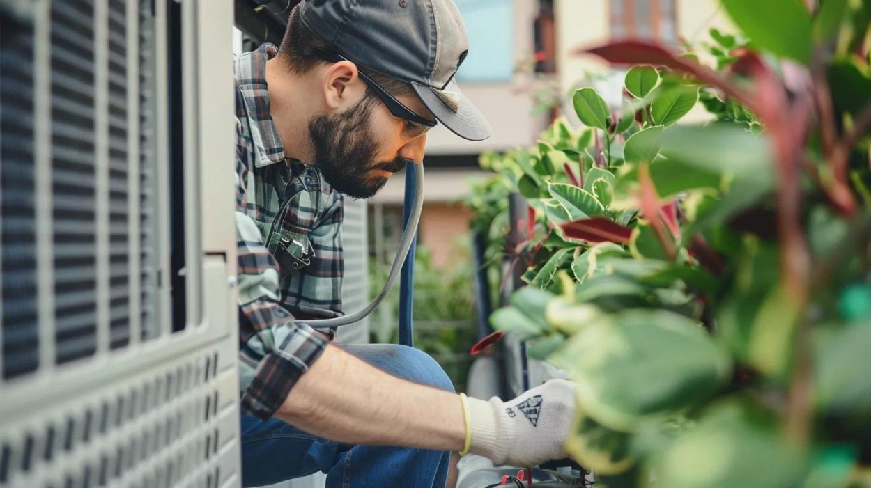 HVAC technician in Atlanta, GA, performing AC repair. Man wearing gloves works on an air conditioning unit outdoors near greenery. AC maintenance.