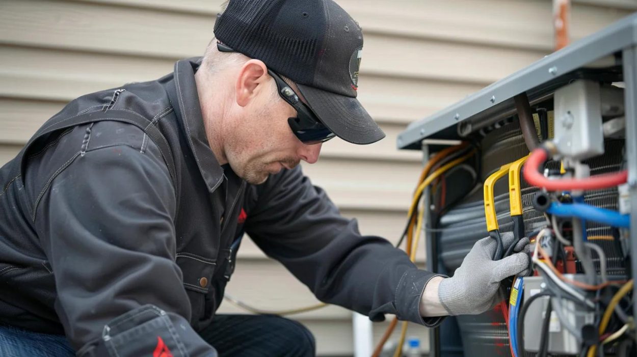 HVAC technician performing AC repair. Man inspecting air conditioning unit. AC service in Atlanta, GA ensures optimal home comfort. Expert HVAC maintenance.