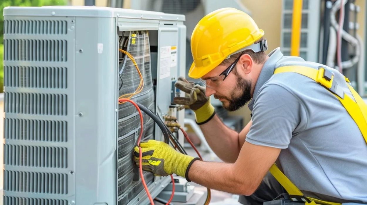 HVAC Technician repairs AC unit in Atlanta, GA. Air conditioning maintenance by certified professional. Repairing home cooling systems.