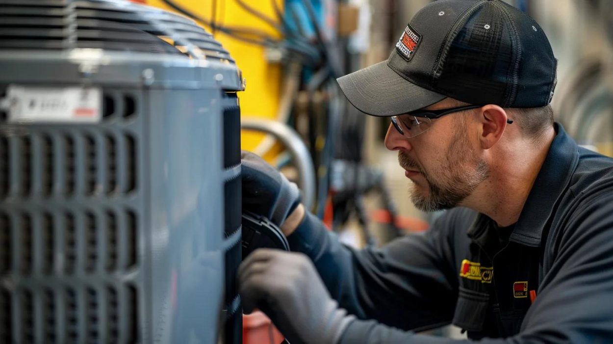 HVAC technician servicing an AC unit. Air conditioning repair in Atlanta, GA, ensuring optimal performance and energy efficiency for your home.