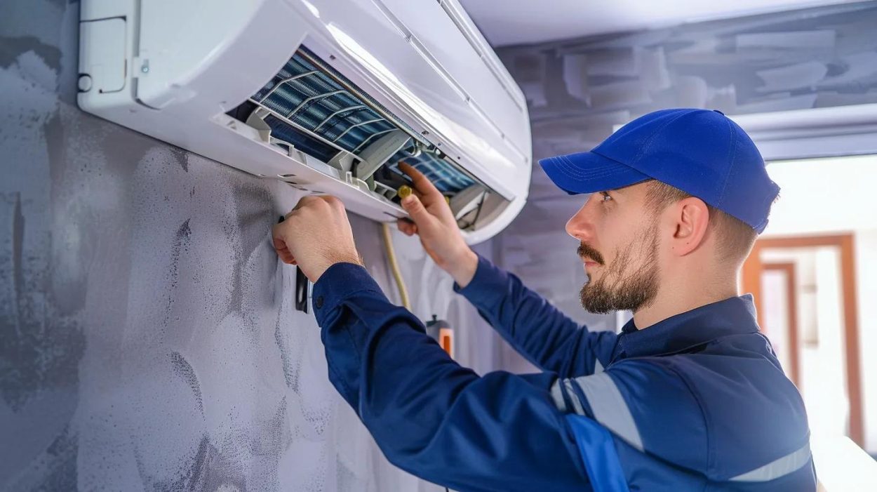 HVAC technician in Atlanta, GA, repairing a ductless mini-split AC system. Air conditioning repair and maintenance for home comfort. Expert AC services.