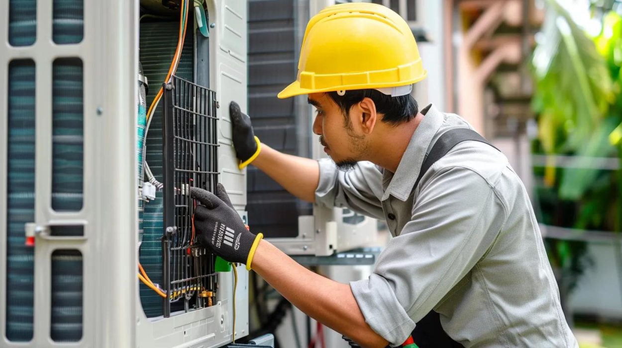 HVAC technician in Atlanta, GA, wearing a hard hat, performing AC repair. Air conditioning maintenance and service for residential units.