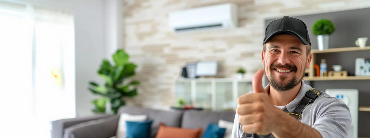 HVAC technician giving thumbs up in Atlanta, GA. Air conditioning service worker smiling with AC unit in background. Heating and cooling expert.