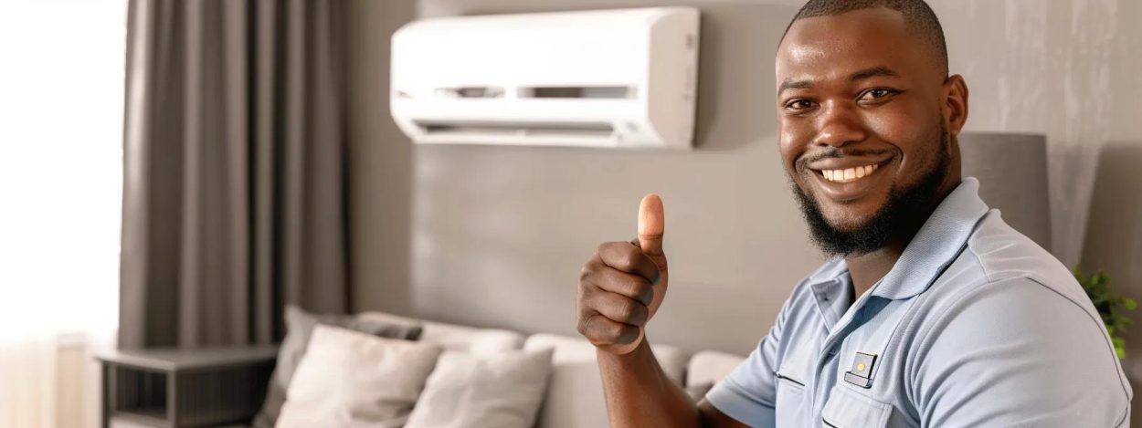 HVAC technician giving thumbs up after AC installation. Air conditioning services in Atlanta, GA for residential and commercial properties.