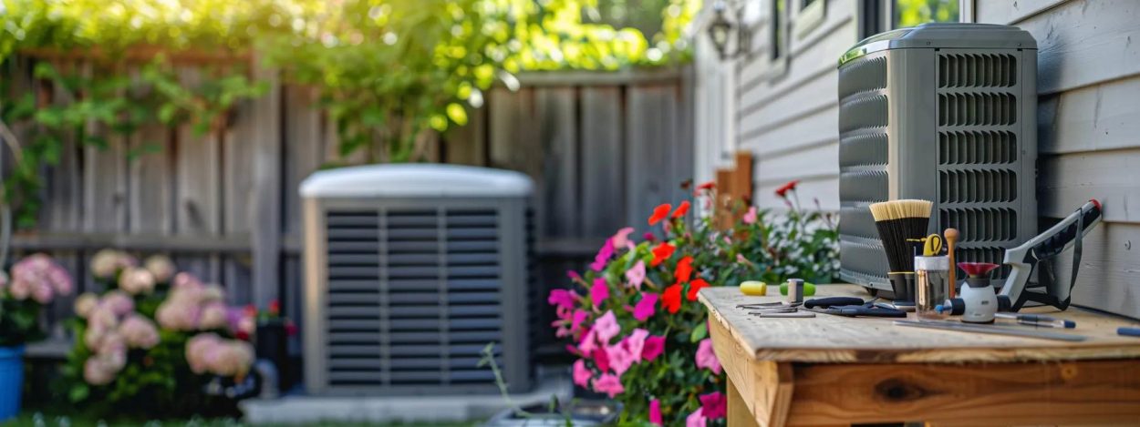 HVAC system on a home's exterior with tools and flowers. Air conditioning unit maintenance in Atlanta, GA. AC repair service.