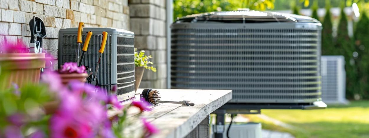 HVAC system maintenance with cleaning tools. Air conditioning unit repair ensures optimal performance. Keep your home cool in Atlanta, GA.