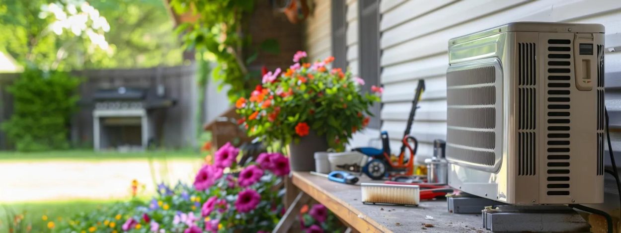 HVAC system repair with flowers and tools on a bench. Residential AC unit maintenance, likely in Atlanta, GA. Air conditioning service.